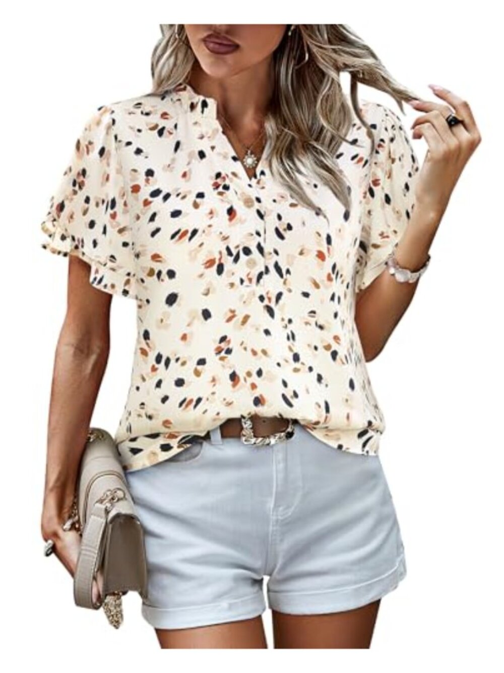 Women's Ruffled V-Neck Blouse Short Sleeve Chiffon Business Work Top